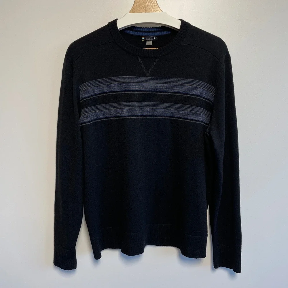 Smartwool‎ Men's Black Striped Crew Neck Sweater Size L Wool Blend Long Sleeve